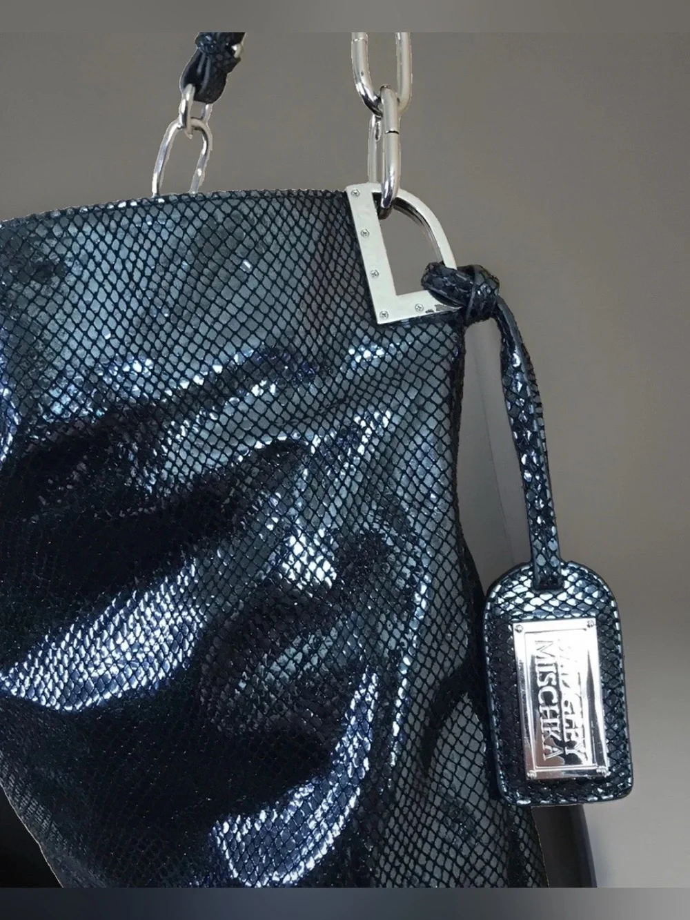 Badgley Mischka Leather Satchel Blue Black Iridescent Bag Snake Skin Style Tote